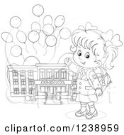 Poster, Art Print Of Black And White School Girl Presenting A Building With Party Balloons