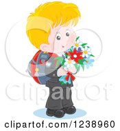 Poster, Art Print Of Blond Caucasian School Boy Carrying Flowers