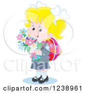 Poster, Art Print Of Blond School Girl Carrying Flowers