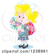 Clipart Of A Blond School Girl Carrying Flowers Royalty Free Vector Illustration