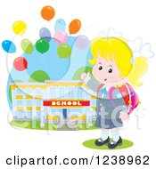 Poster, Art Print Of Blond School Girl Presenting A Building With Party Balloons