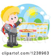 Blond School Boy Presenting A Building On A Sunny Day