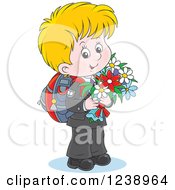 Poster, Art Print Of Blond School Boy Carrying Flowers