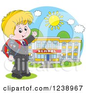 Blond Caucasian School Boy Presenting A Building On A Sunny Day
