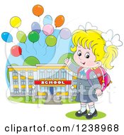 Blond Caucasian School Girl Presenting A Building With Party Balloons