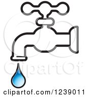 Clipart Of A Dripping Black And White Faucet And Blue Droplet Royalty Free Vector Illustration