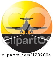 Clipart Of A Silhouetted Commercial Airliner Plane Landing At Sunset Royalty Free Vector Illustration by Lal Perera
