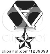 Clipart Of A Black And White Star Medal On A Ribbon 2 Royalty Free Vector Illustration