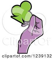 Clipart Of A Purple Hand Holding A Green Playing Card Club Royalty Free Vector Illustration