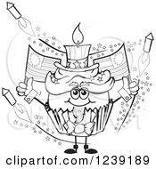 Clipart Of A Grayscale Patriotic American Uncle Sam Cupcake With Fireworks And Flags Royalty Free Vector Illustration