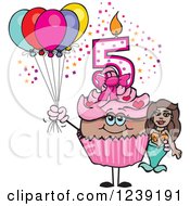 Poster, Art Print Of Pink Girls African Fifth Birthday Cupcake With A Mermaid And Balloons