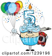 Clipart Of A Blue Boys Asian Fifth Birthday Cupcake With A Fire Engine And Balloons Royalty Free Vector Illustration by Dennis Holmes Designs