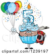 Clipart Of A Blue Boys African Fifth Birthday Cupcake With A Fire Engine And Balloons Royalty Free Vector Illustration by Dennis Holmes Designs