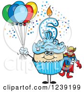 Clipart Of A Blue Boys Asian Sixth Birthday Cupcake With A Super Hero And Balloons Royalty Free Vector Illustration by Dennis Holmes Designs