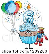 Clipart Of A Blue Boys African Sixth Birthday Cupcake With A Super Hero And Balloons Royalty Free Vector Illustration by Dennis Holmes Designs