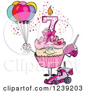 Clipart Of A Pink Girls Asian Seventh Birthday Cupcake With A Remote Control Car And Balloons Royalty Free Vector Illustration