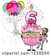 Clipart Of A Pink Girls Latina Sixth Birthday Cupcake With A Doll And Balloons Royalty Free Vector Illustration