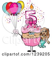 Poster, Art Print Of Pink Girls Latina Fifth Birthday Cupcake With A Mermaid And Balloons