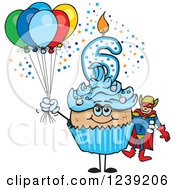 Clipart Of A Blue Boys Latino Sixth Birthday Cupcake With A Super Hero And Balloons Royalty Free Vector Illustration by Dennis Holmes Designs