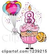 Poster, Art Print Of Pink Girls Latina Eighth Birthday Cupcake With A Basketball And Balloons