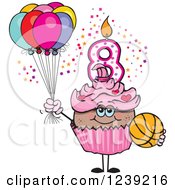 Poster, Art Print Of Pink Girls African Eighth Birthday Cupcake With A Basketball And Balloons