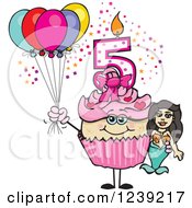 Poster, Art Print Of Pink Girls Asian Fifth Birthday Cupcake With A Mermaid And Balloons