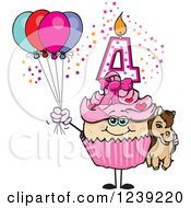 Clipart Of A Pink Girls Asian Fourth Birthday Cupcake With A Pony And Balloons Royalty Free Vector Illustration