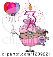 Clipart Of A Pink Girls African Third Birthday Cupcake With A Doll And Balloons Royalty Free Vector Illustration