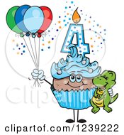 Clipart Of A Blue Boys African Fourth Birthday Cupcake With A Dinosaur And Balloons Royalty Free Vector Illustration