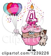 Clipart Of A Pink Girls African Fourth Birthday Cupcake With A Pony And Balloons Royalty Free Vector Illustration