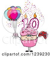 Poster, Art Print Of Pink Girls Asian Tenth Birthday Cupcake With A Video Game Controller And Balloons