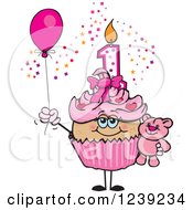 Clipart Of A Pink Girls Latina First Birthday Cupcake With A Teddy Bear And Balloon Royalty Free Vector Illustration