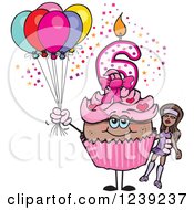 Clipart Of A Pink Girls African Sixth Birthday Cupcake With A Doll And Balloons Royalty Free Vector Illustration