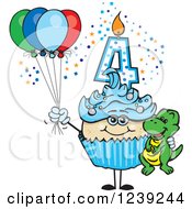 Clipart Of A Blue Boys Asian Fourth Birthday Cupcake With A Dinosaur And Balloons Royalty Free Vector Illustration