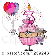 Poster, Art Print Of Pink Girls Latina Third Birthday Cupcake With A Doll And Balloons