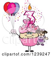 Poster, Art Print Of Pink Girls Asian Third Birthday Cupcake With A Doll And Balloons