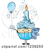 Poster, Art Print Of Blue Boys Asian First Birthday Cupcake With A Teddy Bear And Balloon