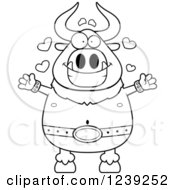 Clipart Of A Black And WhiteMinotaur Bull Man With Open Arms And Hearts Royalty Free Vector Illustration by Cory Thoman