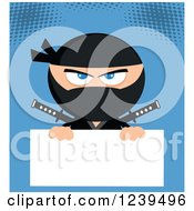 Poster, Art Print Of Masked Ninja Warrior Over A Blank Sign On Blue