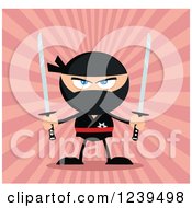 Clipart Of A Ninja Warrior Ready To Fight With Two Katana Swords Over Pink Rays Royalty Free Vector Illustration