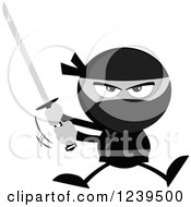 Poster, Art Print Of Grayscale Ninja Warrior Jumping And Swinging A Katana Sword