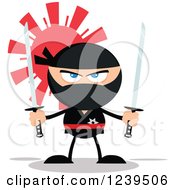 Poster, Art Print Of Ninja Warrior Ready To Fight With Two Katana Swords Over A Red Sun