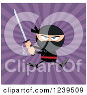 Poster, Art Print Of Ninja Warrior Jumping And Swinging A Katana Sword Over Purple Rays
