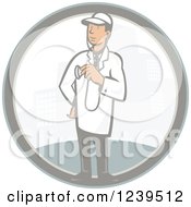 Clipart Of A Retro Cartoon Male Veterinarian Or Doctor In A City Circle Royalty Free Vector Illustration