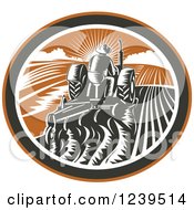 Clipart Of A Rear View Of A Retro Woodcut Farmer Plowing A Field At Sunset In An Oval Royalty Free Vector Illustration