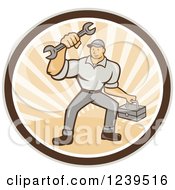 Poster, Art Print Of Cartoon Handy Man With A Wrench And Tool Box In A Sunny Circle