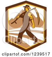 Poster, Art Print Of Retro Male Farmer Walking With A Scythe In A Shield With Mountains