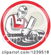 Retro Woodcut Butcher Man Chopping Meat In A Circle
