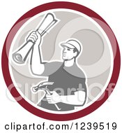 Poster, Art Print Of Retro Male Carpenter Holding Up Blueprints And A Hammer In A Circle