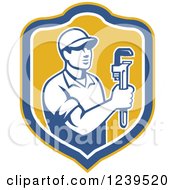 Clipart Of A Retro Male Plumber Holding A Monkey Wrench In A Shield Royalty Free Vector Illustration
